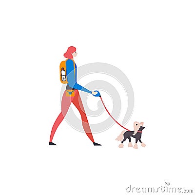 Ð¡artoon chinese crested and personal dog-walker. Girl with pet outdoors. Vector Illustration